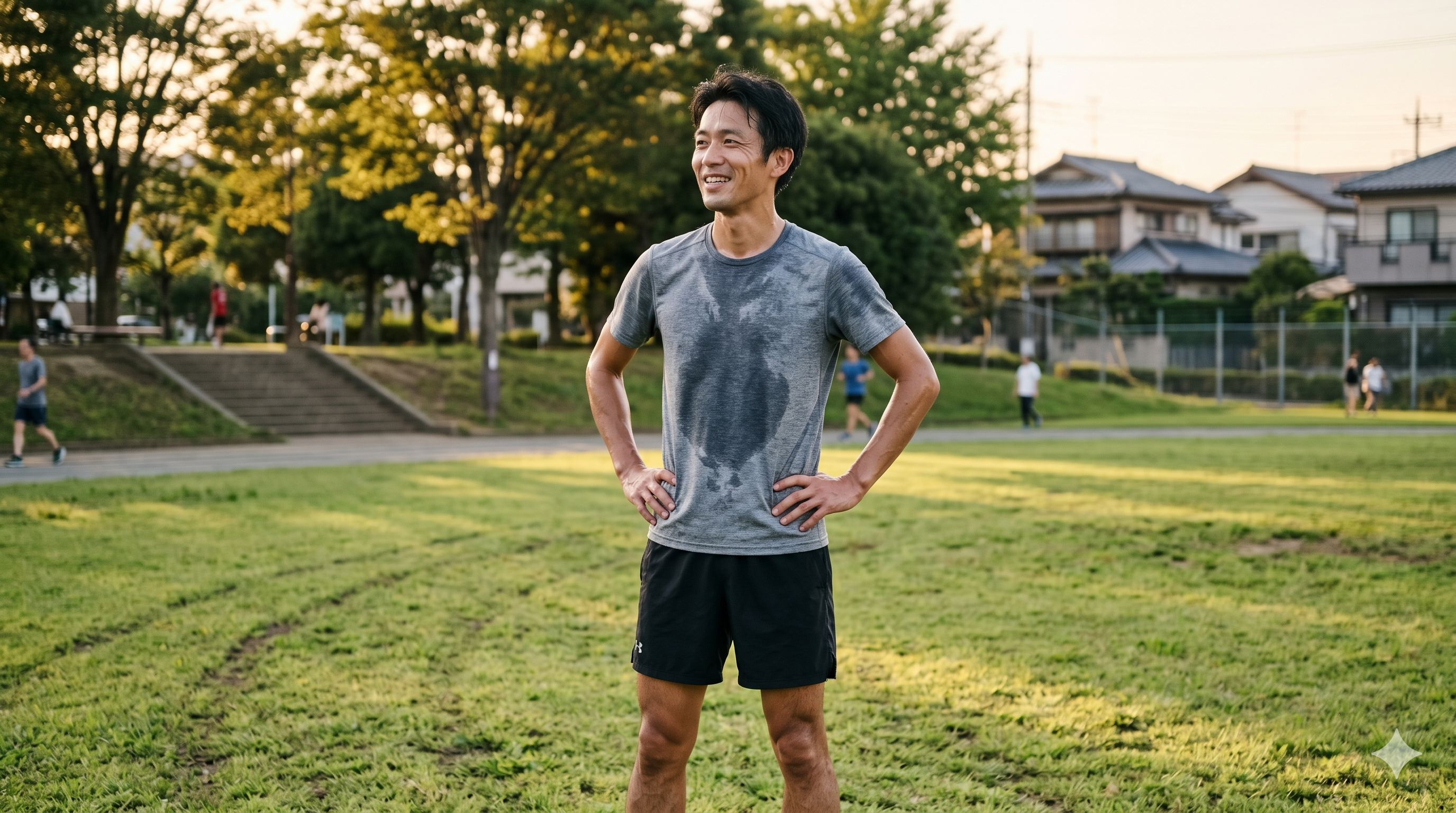 練習を終えてリラックスする市民ランナー