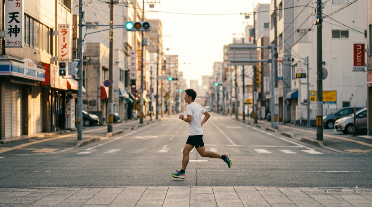市街地でロングインターバルを走るランナー