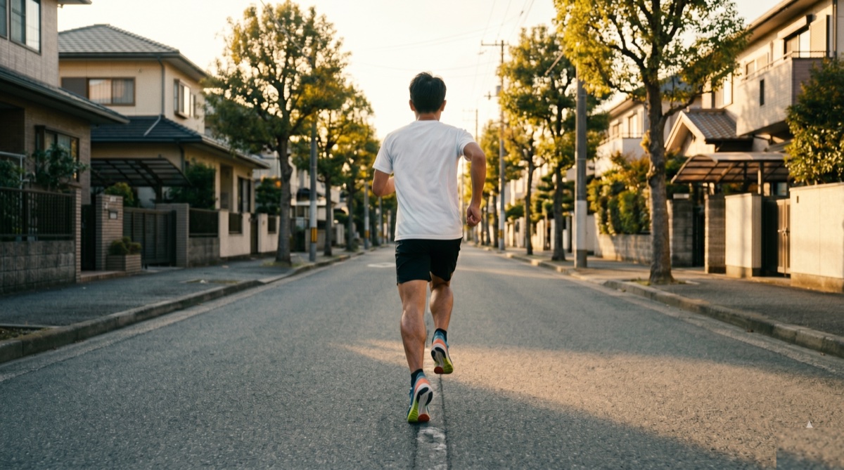 住宅街を白Tシャツの後ろ姿で疾走するランナー