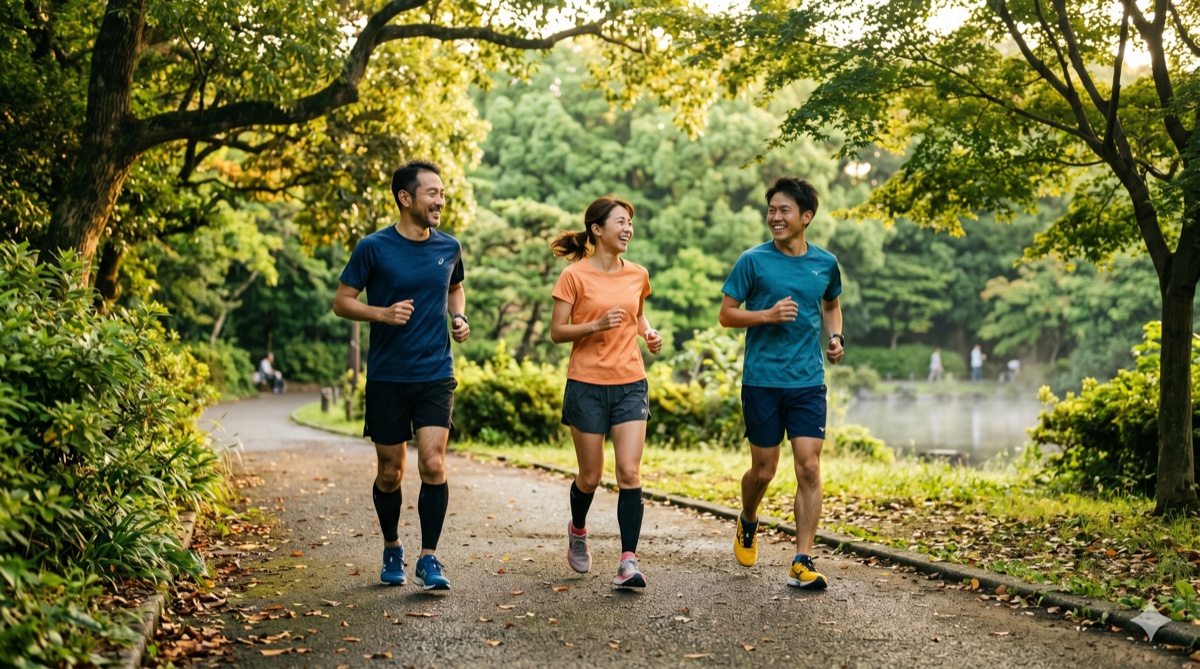 公園を仲間と走る3人のランナー