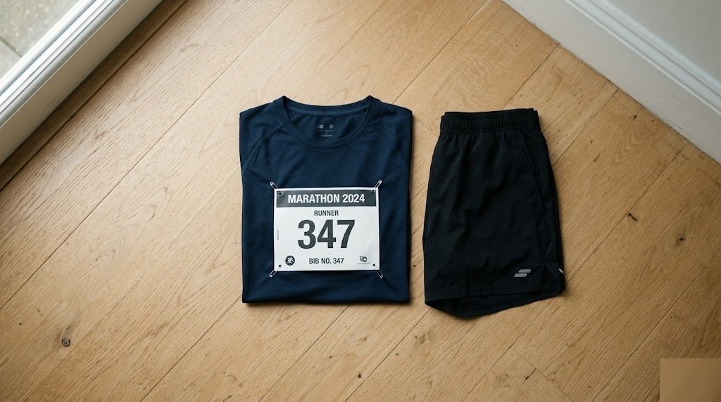 床に並べたランニングシャツと大会ゼッケン