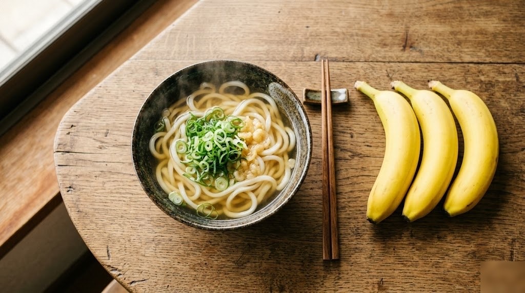 うどんとバナナが並ぶ木のテーブル
