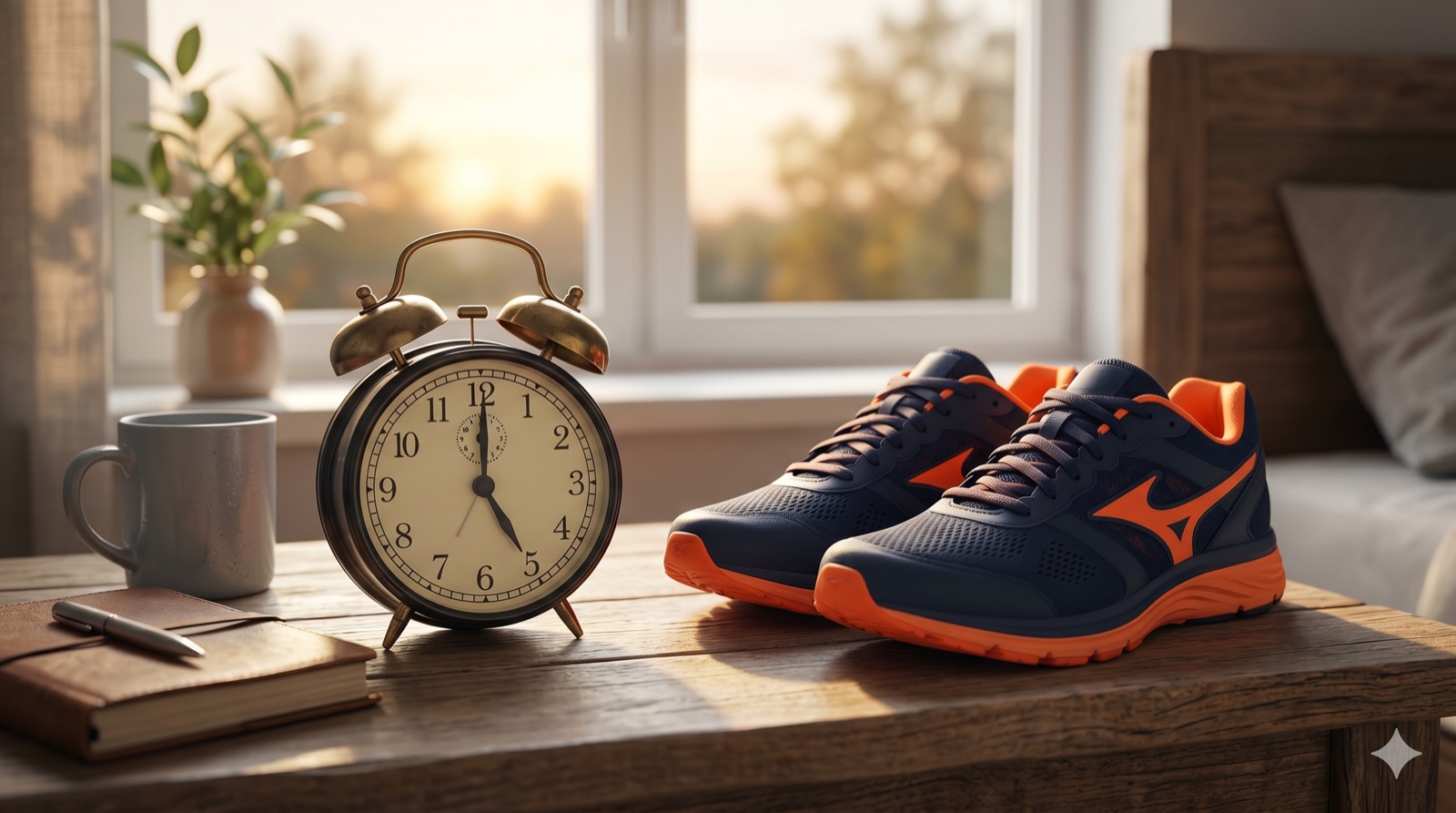 朝5時を指す目覚まし時計とランニングシューズ|30分でも質を上げれば走力は維持できる