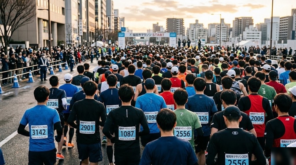 マラソン大会のスタート地点に並ぶランナーたちの後ろ姿