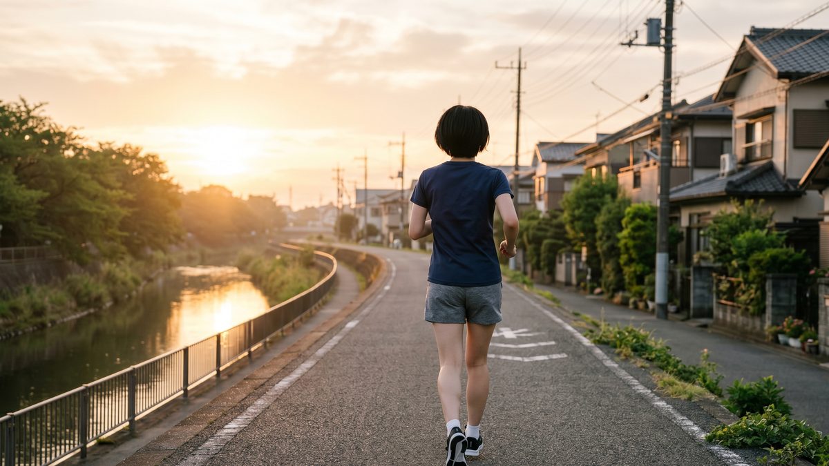 朝の河川敷を走る初心者ランナーの後ろ姿・落ち着いたペース
