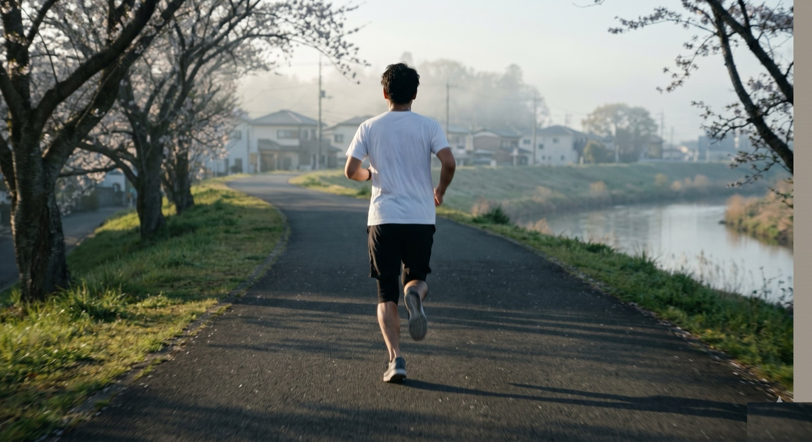 早朝の河川敷でインターバル走をするサブ3を目指す日本人男性ランナー