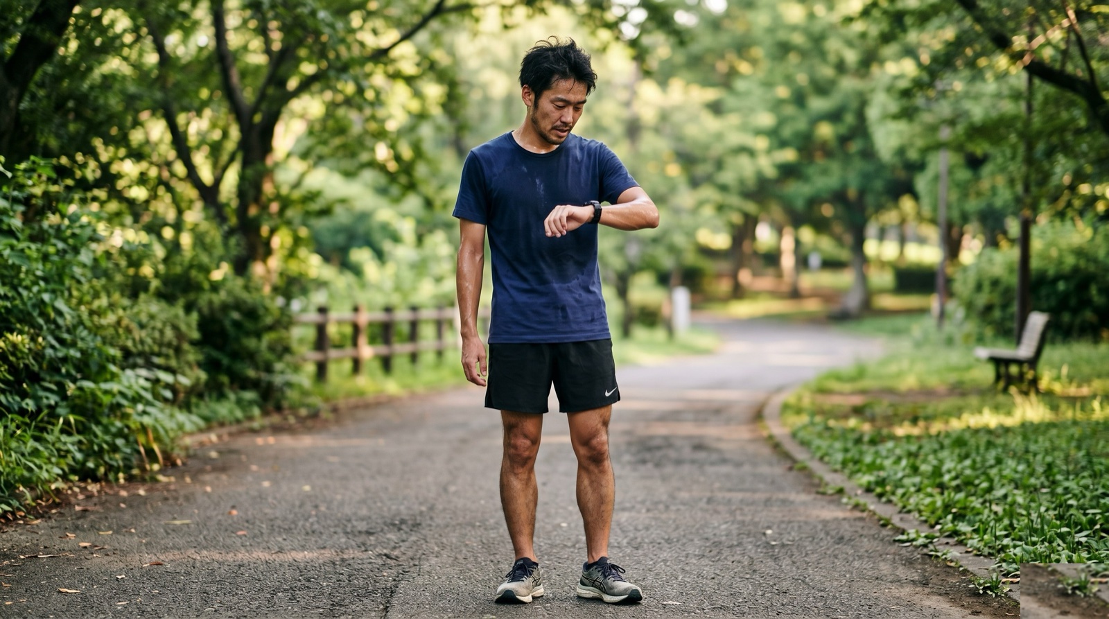早朝の公園でインターバル走後にGPSウォッチを確認する日本人男性ランナー