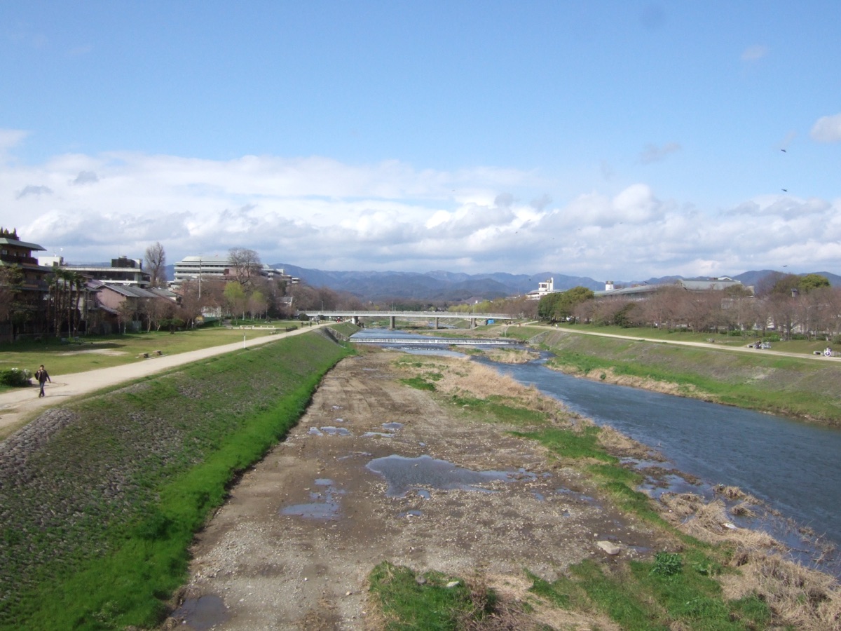 丸太町橋付近から見る鴨川の流れと両岸の遊歩道
