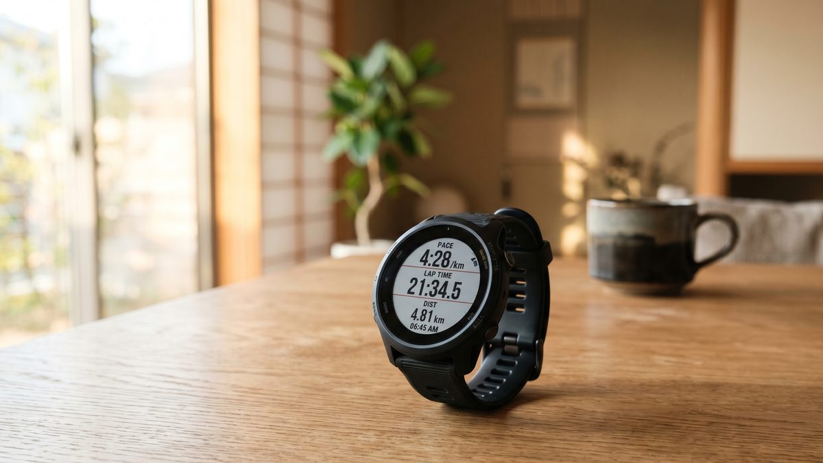 GPSウォッチでペースを確認しながら走るランナーの足元