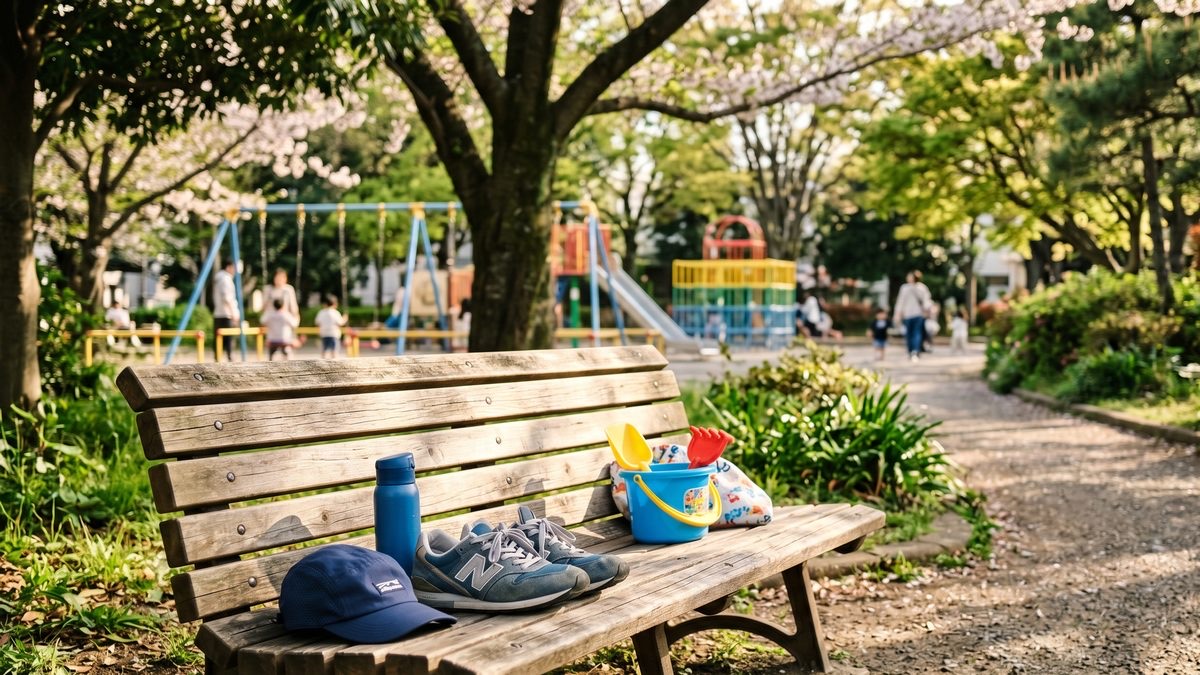 公園のベンチに置かれたランニングシューズと子供のおもちゃ