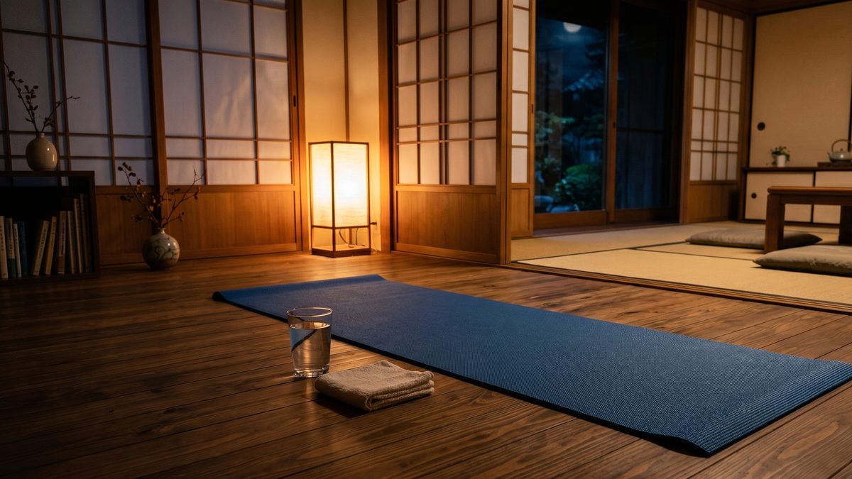夜のリビングでストレッチ用マットと水のグラスが置かれた静かな部屋