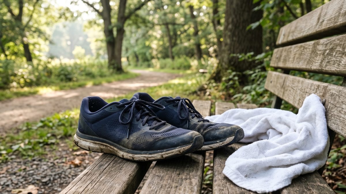 ロングラン後のランニングシューズと汗を拭いたタオル