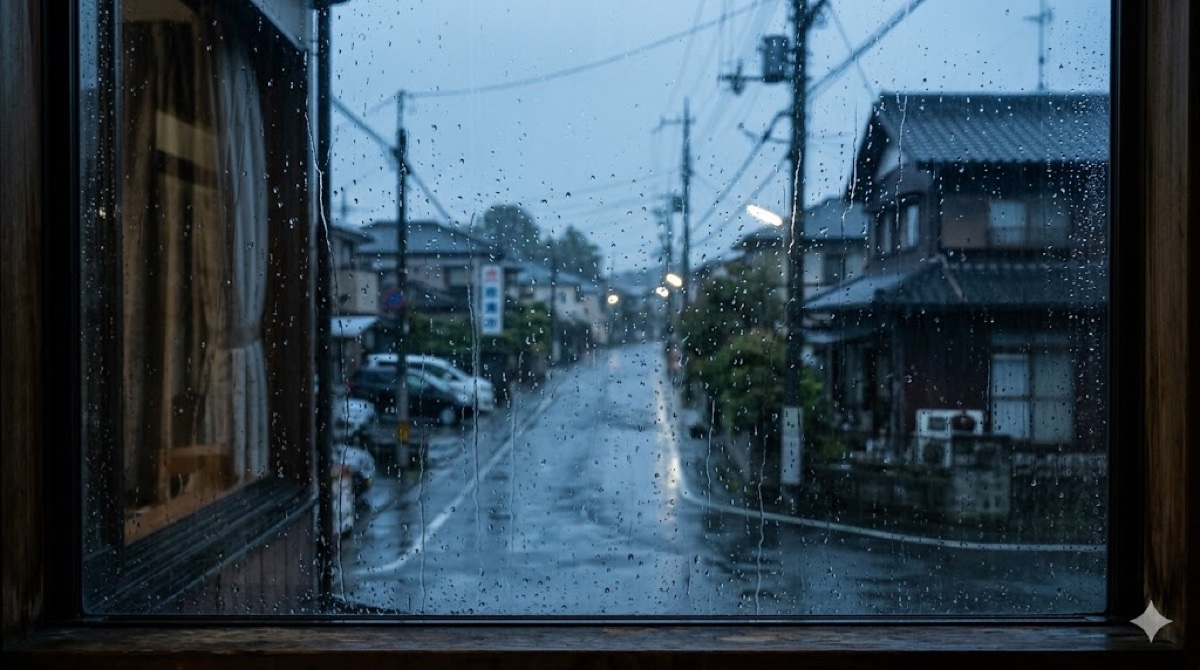 雨粒越しに見える静かな街並み・休養と回復のメタファー