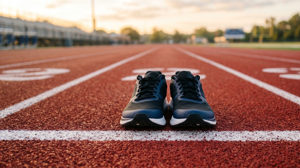 トラックのスタートラインに置かれた黒・ネイビーのランニングシューズ